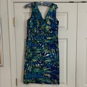 Jones New York Blue and Green Patterned Midi Dress